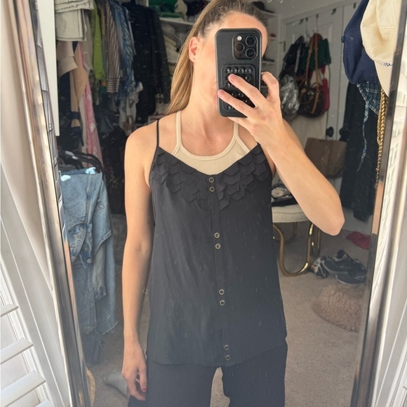 Yumi Kim- Black Silk Scalloped Cross Adjustable Spaghetti Strap Tank Top - Picture 6 of 7